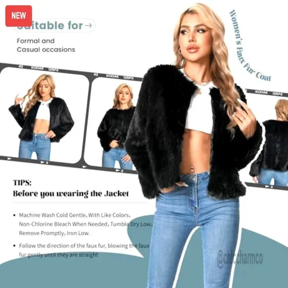 Faux Fur Coat Cropped Fuzzy Winter Jacket Long Sleeve Pockets Y2K Chic - Picture 5 of 7